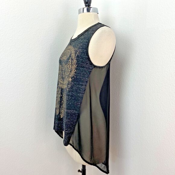 One Clothing Sheer Black Tribal Cow Skull Tank Top SM Biker Boho Festival Goth - Picture 5 of 8